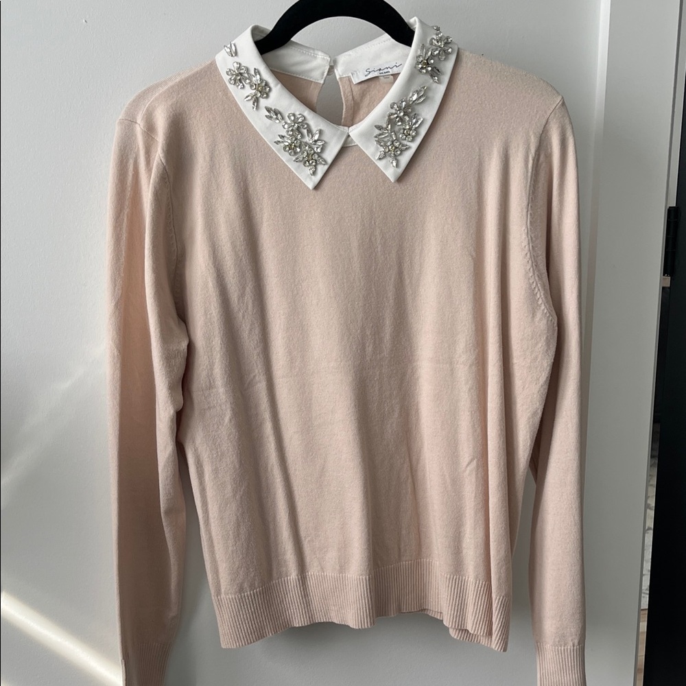 Ganni Cream Sweater with Embellished White Collar